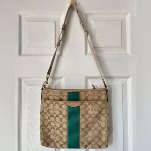 Coach Knit Messenger Crossbody Green Signature Canvas F28502